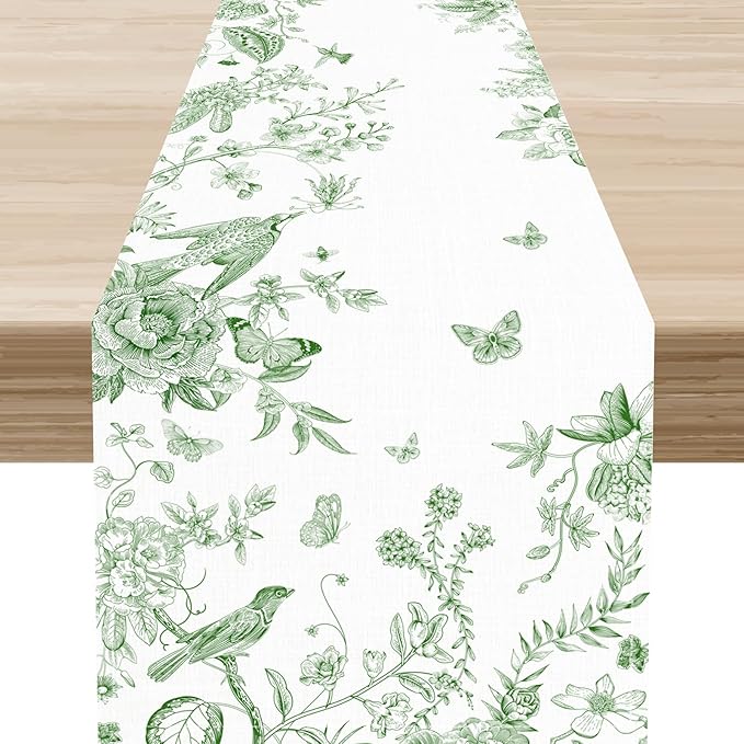 Floral Birds Table Runner, Rustic Seasonal Watercolor Spring Flower Plants Branch Geometric Green Coffee Table Center Decor for Family Kitchen and Dining Farmhouse Party Table Decorations, 13"x90"
