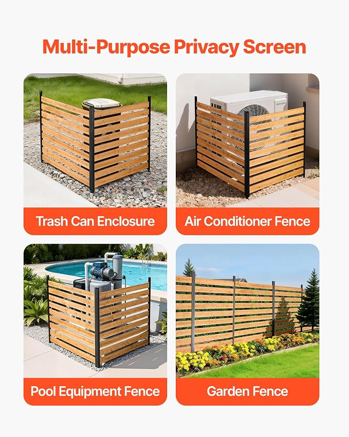 VEVOR Wooden Privacy Fence, 48 x 49 inch Air Conditioner Fence, 2 Panel Solid Outdoor Wood Privacy Screen with Metal Stakes, Steel Frame, Trash Can Hider Fences Suitable for Garden, Pool
