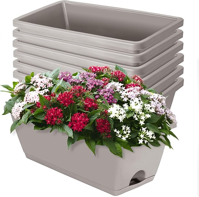 LOCONHA Window Box Planter, 7 Pack Plastic Vegetable Flower Planters Boxes 17 Inches Rectangular Flower Pots with Saucers for Indoor Outdoor Garden, Patio, Home Decor
