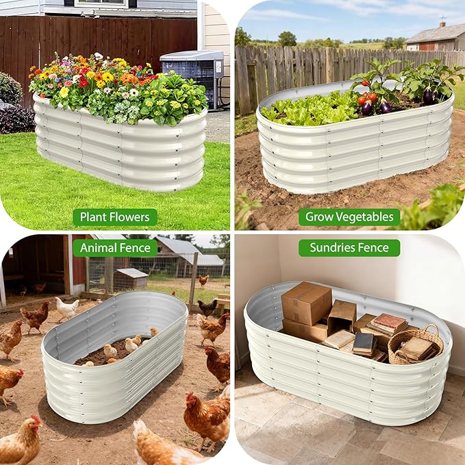 YSEJOMP 17" Tall Outdoor Garden Raised Garden Bed Kits, 4ft X 2ft Oval,0.8MM Thick Metal Raised Planter Bed/Ground Planter Box for Variety of Flowers,Herbs,Vegetables (Cream White, 48X24X16.5 Inches)