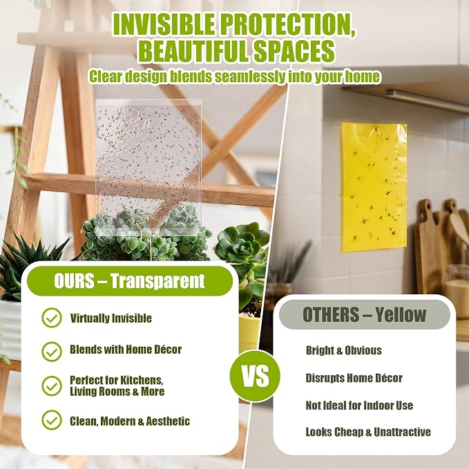 100 Pcs Gnat Sticky Traps for Plants, Transparent Double Sided Indoor Outdoor Pest Control for Fungus Gnats, Fruit Flies, Whiteflies, Aphids & Leaf Miners, Includes 10 Card Clips & 100 Twist Ties
