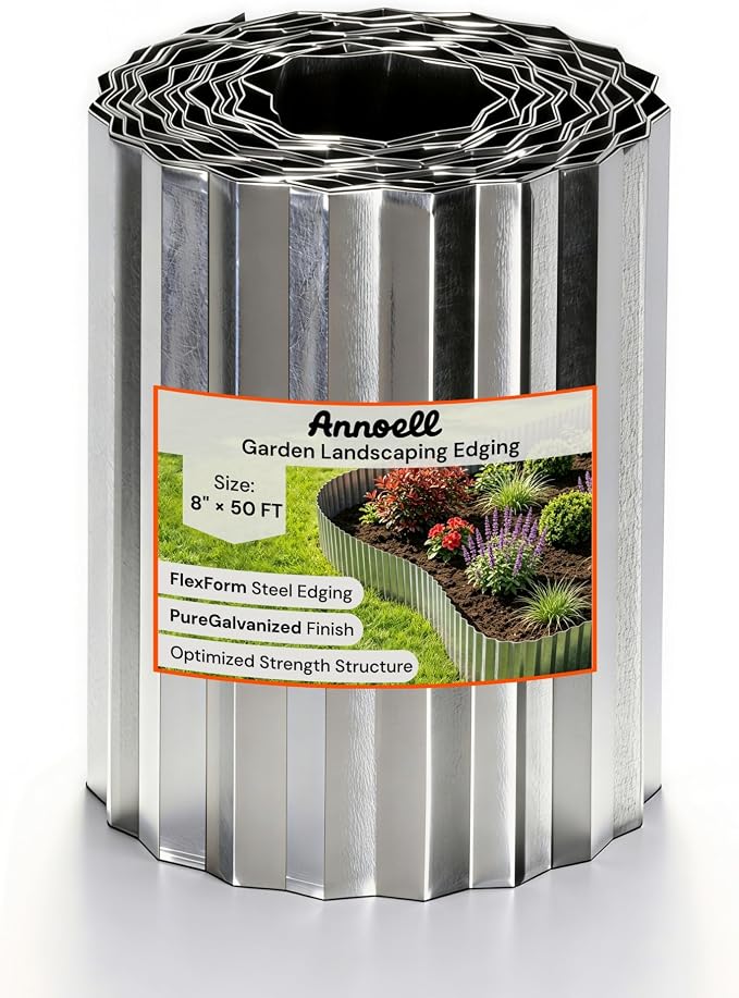 Corrugated Metal Garden Edging 8" x 50 ft, Landscape Edging Border | Fully Hemmed Edges, Galvanized Steel, Flexible Lawn Edging for Tree Rings, Flower Beds, Gravel Paths and Garden Borders