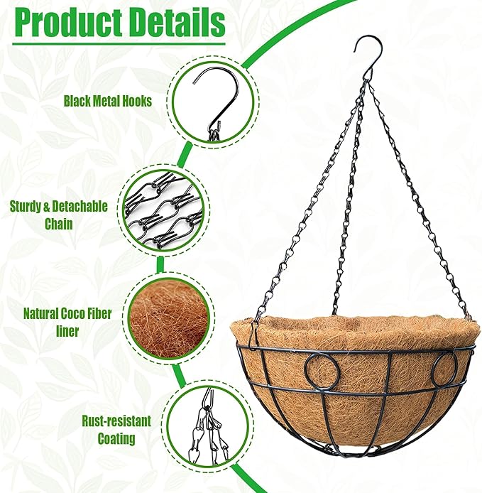 4 Pack 12 Inch Heavy Duty Hanging Basket Outdoor Metal Hanging Planters with Coco Coir Liners Black Hanging Flower Baskets for Outdoor Plants Patio Porch Balcony Garden（Round）
