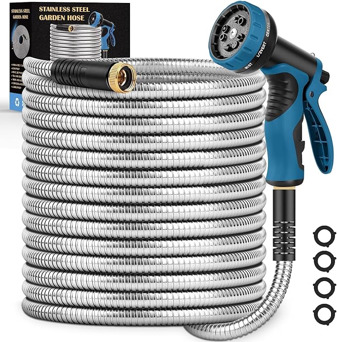 Metal Garden Hose 100FT, Stainless Steel Water Hose with 10 Function Nozzle, Solid Brass Fittings, Lightweight, Kink-Free & Dog Chew Proof for Lawn, Yard, RV, Car Wash, 550PSI