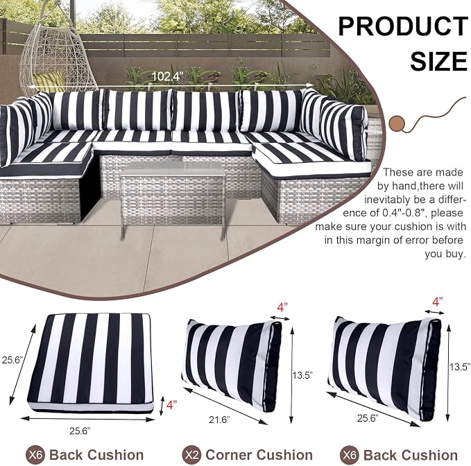 14 Piece Outdoor Furniture Replacement Cushions, Cover+Filling, 25.6" x 25.6" x 4" Foam Waterproof Outdoor Sofa Cushion Sets, Fit Wicker Rattan Sectional Conversation Set, Grey Black Stripes