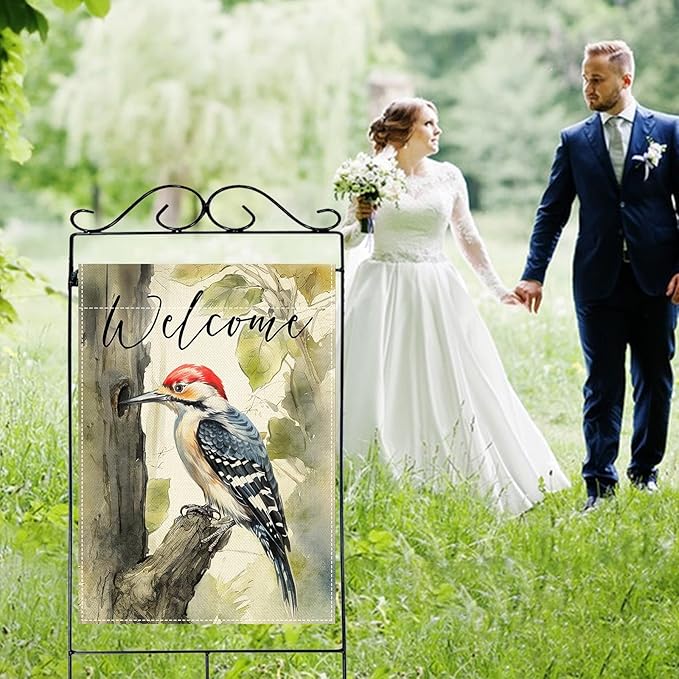 Artofy Welcome Woodpecker Large Decorative House Flag, Spring Summer Watercolor Bird Tree Yard Garden Outside Decor, Seasonal Burlap Outdoor Home Decoration Double Sided 28 x 40