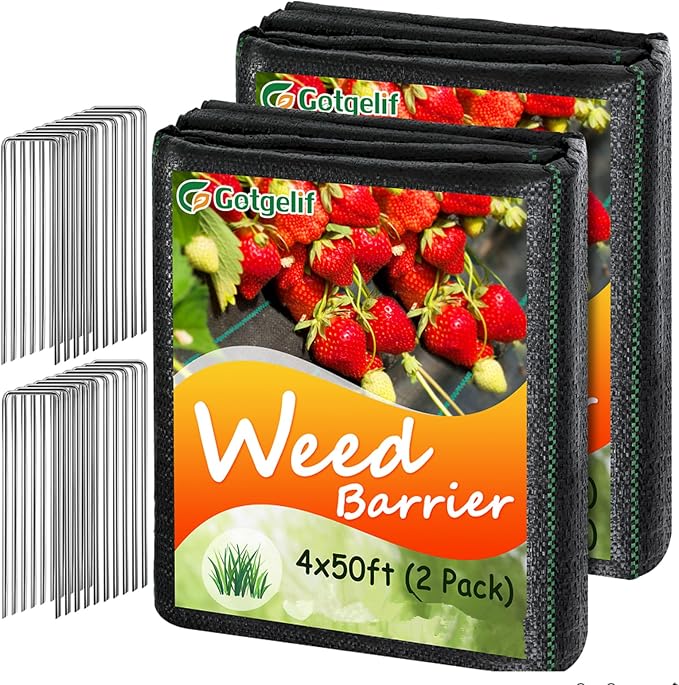 4FT x 100FT Weed Barrier Landscape Fabric, 3.2oz Heavy Duty Woven Geotextile with 20 U-Shaped Pegs & Pre-Printed Cutting Lines, Ground Cover Colth Garden Bed Liner for Landscape, Driveway, Greenhouse