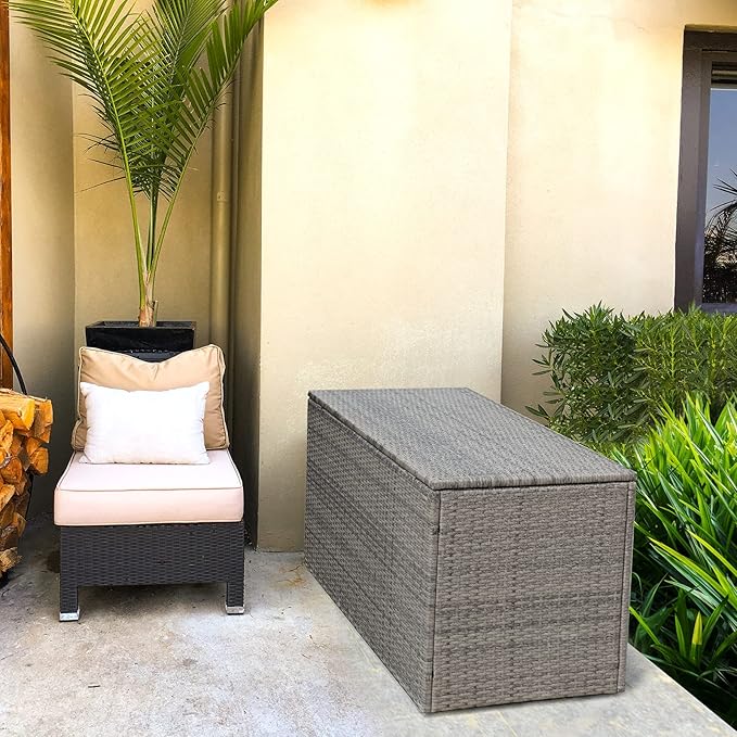 Giantex Rattan Deck Box Outdoor&Indoor 88 Gallon Wicker Storage Box W/Separate Storage Shelf, Openable Door and Tools Storage for Patio,Garden, Balcony, Porch, Yard Rattan Storage Box (Gray)