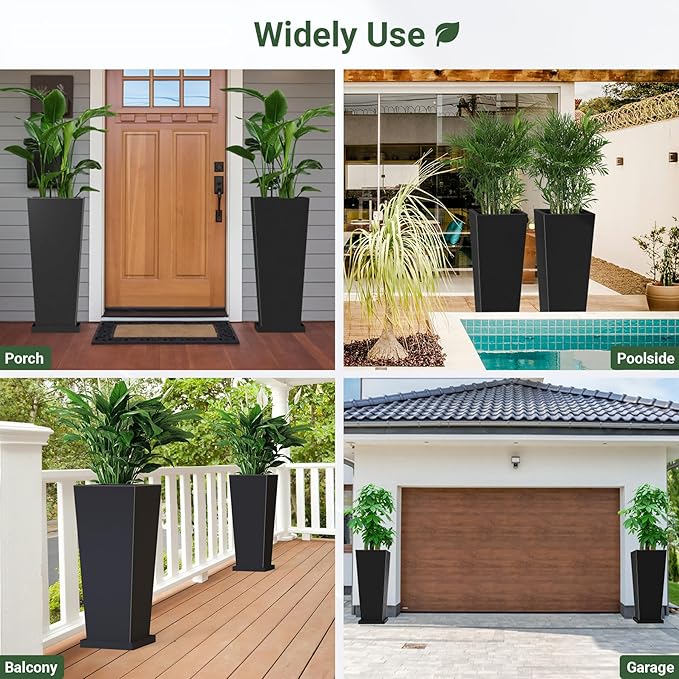 Metal Tall Outdoor Planters Set of 2, 30 inch Durable Tall Planters with Rust-Proof Coating & Drainage Insert Shelve & Trays, Black Outdoor Planters for Porch, Garden, Patio, Yard