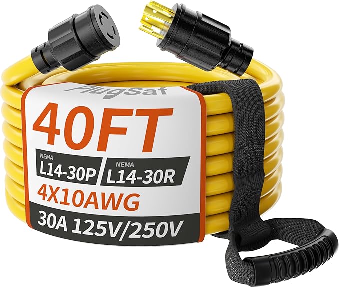 PlugSaf 40FT 30 Amp Generator Extension Cord 4 Prong, NEMA L14-30P/L14-30R 10 Gauge STW 125/250V Twist Lock Generator Cord Heavy Duty, Yellow ETL Listed