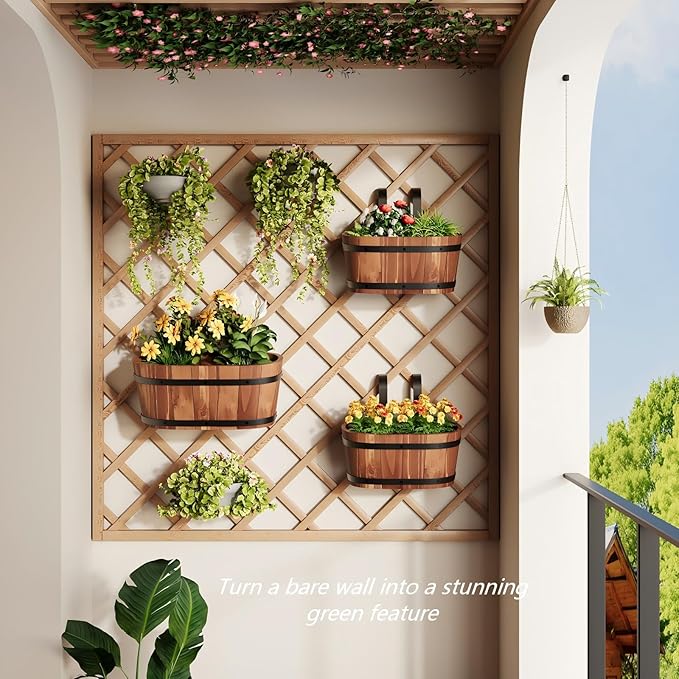 2pcs Railing Planter Boxes Wood Hanging Flower Pots for Railing Fence Outdoor Balcony Planters for Wall Window Flower Box Hanging Bucket Pots Countryside Plant Holder (Brown,2pcs,Small)