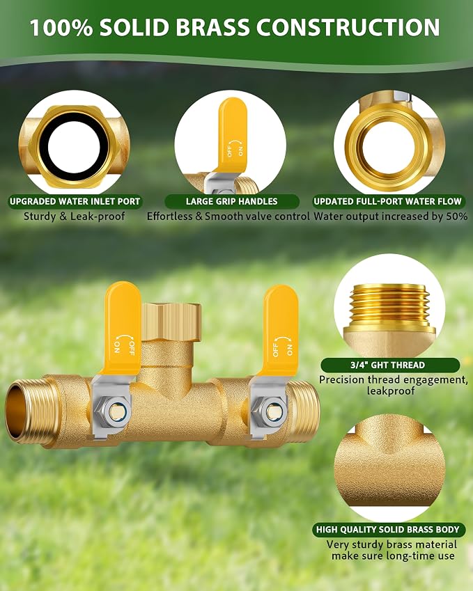 Hose Splitter 2 Way, Heavy Duty Brass Garden Hose Splitter | 0.59" Full Flow Ball Valve Outlet, Shut-Off Valve, 3/4" GHT Thread Water Hose Connector For Outdoor Spigot Faucet (Yellow)