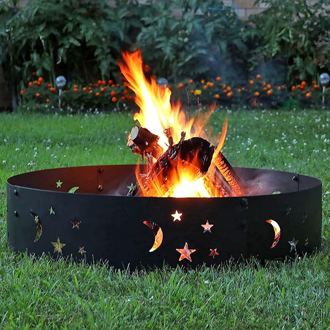 Sunnydaze 36-Inch Outdoor Fire Ring - Portable Metal Fire Pit Ring for Camping or Backyard - 360-Degree Moons and Stars Cutout - Big Sky
