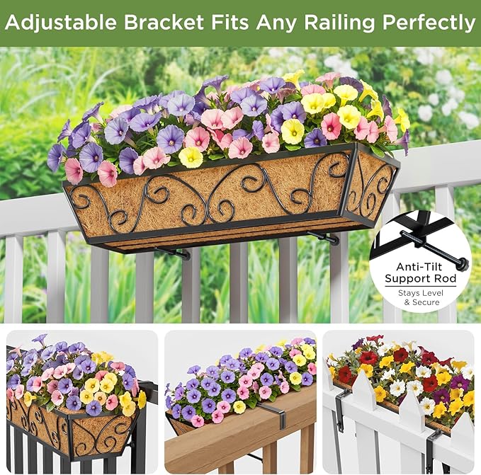 Y&M 4Pcs 24 Inch Large Window Box Railing Planter with Coco Liner, Outdoor Window Flower Boxes Over The Railing Boxes Deck Fence Porch Balcony Planter-Butterfly