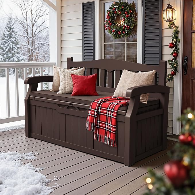 JUMMICO 80 Gallon Resin Outdoor Storage Bench with Cushion, Large Deck Box with Armrest, Lockable&Waterproof for Garden, Home, Patio, Pools (Brown, 80 Gallon)