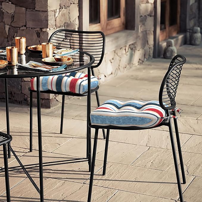 LVTXIII Outdoor/Indoor Tufted Seat Cushion, Decorative Wicker Chair Pads All Weather Seat Cushion Sets for Patio Garden Home Office Furniture, 19"x19"x4", Round Back, Pack of 2, Stripe Red Blue