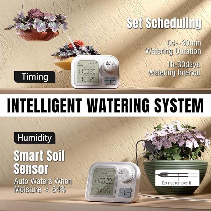 Raddy WS-74 Solar Drip Irrigation System with Smart APP Control, IPX7 Waterproof, Adjustable Soil Moisture Sensor, 2600mAh Battery, Automatic Watering Kits for Indoor Outdoor 15 Potted Plants