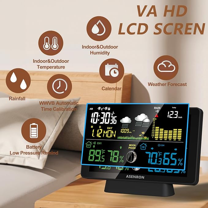 Weather Station with Rain Gauge, Home Weather Stations Wireless Indoor Outdoor with Rain Gauge, Thermometer, Barometric Pressure, Humidity Monitor, Atomic Clock, Digital Weather Forecast and Alerts