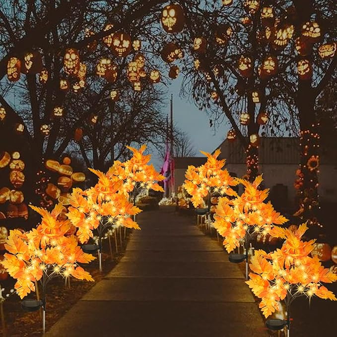 2 Packs Solar Prelit Fall Tree Lights for Outdoor Thanksgiving Decorations, 2 Modes Thanksgiving Solar Lights, Waterproof Maple Tree Solar Fall Lights for Fall Yard Patio Garden