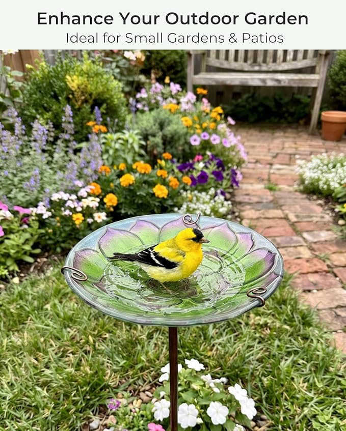 10.5" D Glass Bird Bath with Stake – Shallow Bird Bath for Outside Garden Backyard – Decorative Birdbath & Feeder for Patio Lawn – Hand-Painted Glass Water Dish, Green