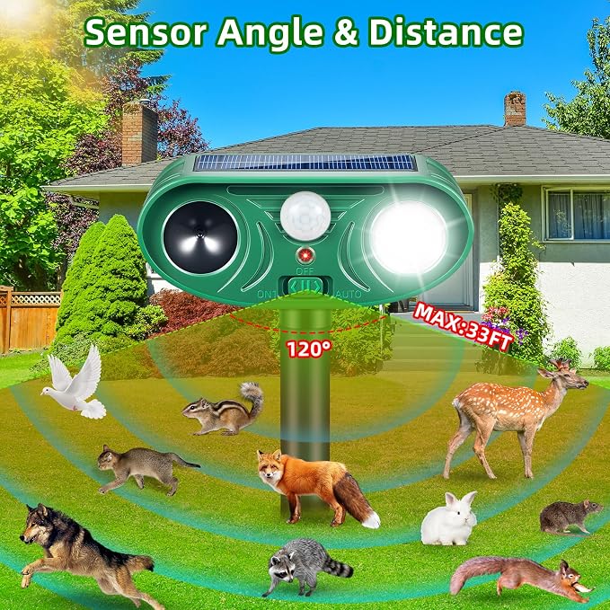 2026 Upgraded Solar Animal Repellent Outdoor 2 Pack – Ultrasonic Deer Deterrent Devices with Motion Sensor Strobe Light, IP65 Waterproof Cat Raccoon Rabbit Squirrel Repeller to Protect Yard Garden
