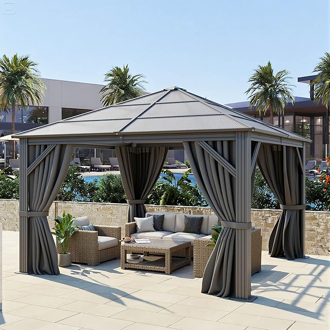 DWVO 10x10ft Hardtop Gazebo Polycarbonate Canopy Outdoor with Netting and Shaded Curtains, Metal Frame Garden Tent for Patio, Backyard, Deck and Lawns, Gray