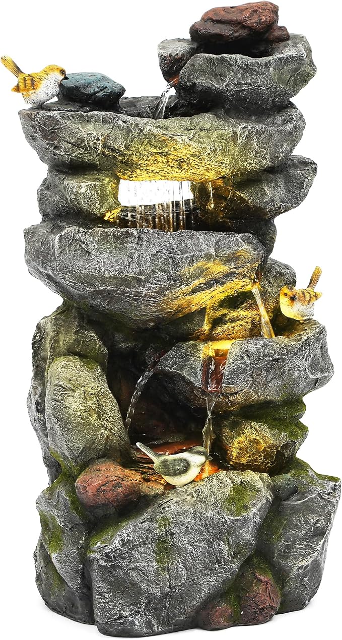 AUTODAYA 31.5" H Multi-Tier Rock Outdoor Water Fountain with LED Lights and Pump, Garden Fountain Waterfall for Patio, Porch, or Yard