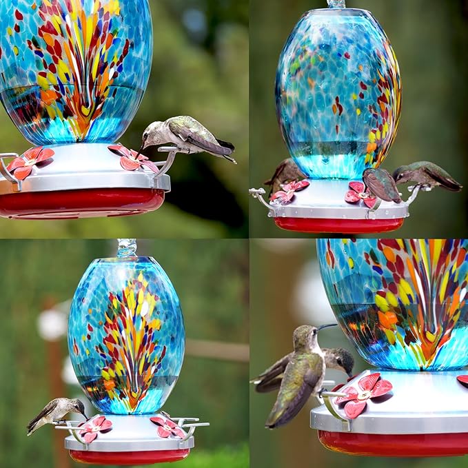 Muse Garden Glass Humming Bird Feeders for Outdoors - 27OZ Blown Glass Hummingbird Feeder - Unique Gift Mom Women, Outdoors Hanging Garden Decor, Includes Ant Moat & Brush, Blue Fireworks