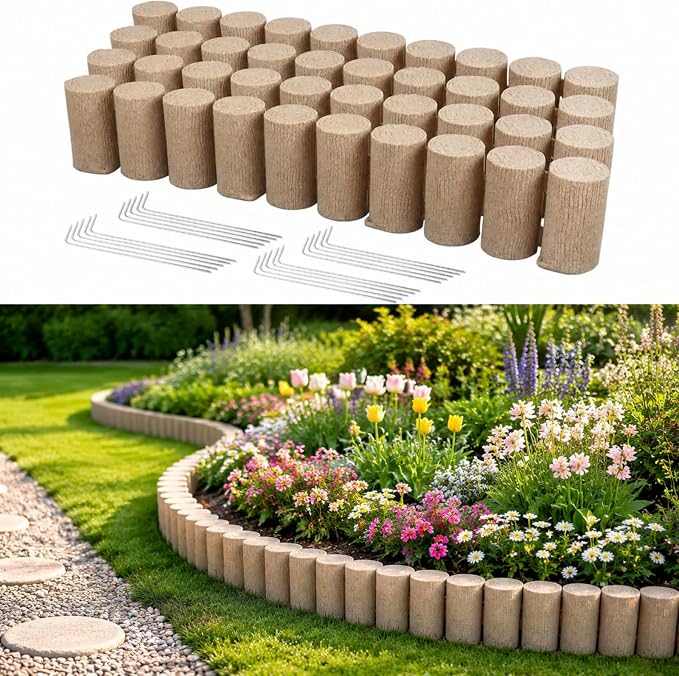 VEVOR No Dig Garden Edging Border, Faux Wood Landscape Edging, Flexible Plastic Lawn Edging for Tree, Flower Bed, Pathway, Yard, 4 Pack 10 Blocks 41.14"L x 3.74" W x 7.48"H, 32 Spikes Included, Beige