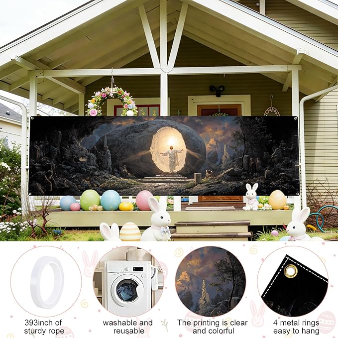Christian Easter Resurrection Fence Banner 118 x 35 Inch, Large Waterproof Outdoor Religious Banner with Empty Tomb Scene for Yard Church Fence Decorations