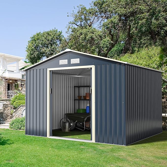 Goplus Storage Shed, Metal 9' X 8' Outdoor Building Organizer with 4 Vents & Double Sliding Door for Garden Backyard Farm (9'X8')
