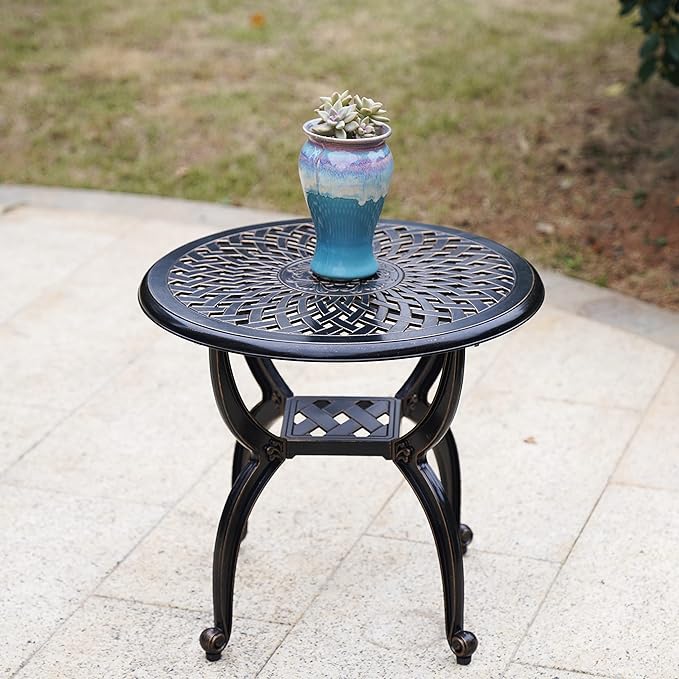 Mandolin Outdoor Patio,Rust -Resistant Cast Aluminum Side Table,Weather Resistant End Table，Coffee Table， Perfect for Patio, Backyard Or Garden. (Aluminum Round, Copper)
