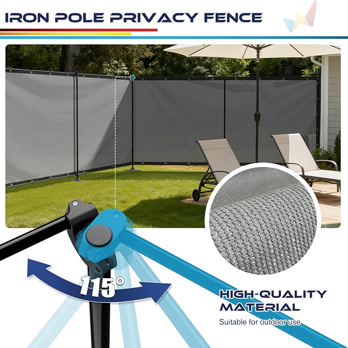 Windscreen4less Outdoor Privacy Fence Screen, 6'x64' Freestanding Privacy Fencing Set with Iron Poles and Ground Spikes, UV Resistant Mesh Cover Garden Pet Fencing for Backyard Patio Pool, Light Gray
