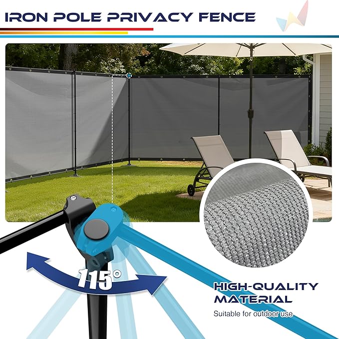 Windscreen4less Outdoor Privacy Fence Screen, 5'x75' Freestanding Privacy Fencing Set with Iron Poles and Ground Spikes, UV Resistant Mesh Cover Garden Pet Fencing for Backyard Patio Pool, Light Gray