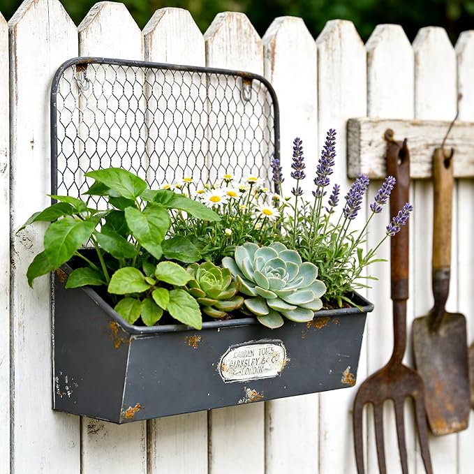 Vintage Blue Metal Hanging Flower Pot, Rustic Wall Planter with 3 Compartments, Farmhouse Plants Holder for Succulents Tubs, Garden Railing Fence Patio Yard Outdoor Decor