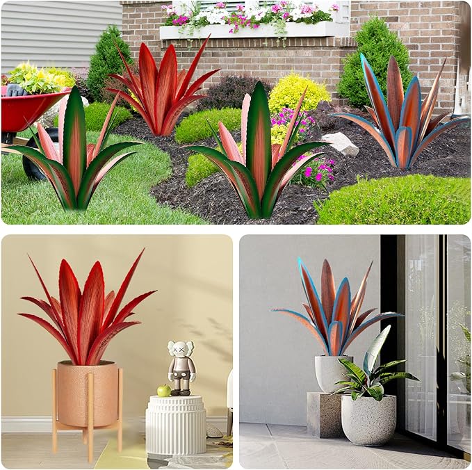 TOMBABY Enlarge Thickened Wind Resistant Metal Agave Garden Art Metal Plant Country Garden Sculpture Statue Outdoor Decoration Agave Metal Plant Courtyard Lawn Ornament Gift (2, 12 Leaves Green)