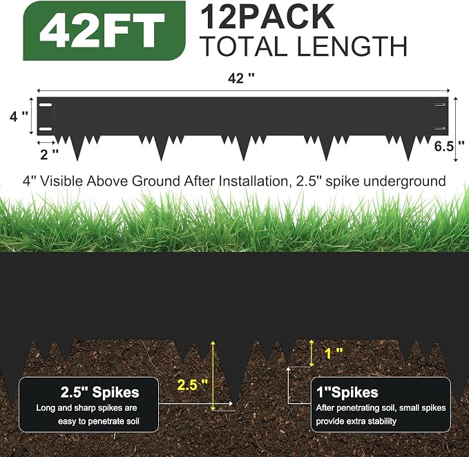 Galvanized Steel Landscape Edging Border 12 Packs 42'' L x 6.5'' H, Metal Landscape Garden Edging Border with 12 Stakes, Hammer-in Lawn Edging for Landscaping, Flower Bed, Yard, Pathway (42ft Total)