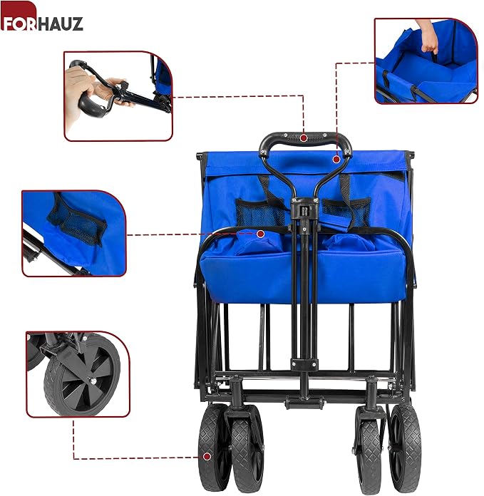 ForHauz Folding Collapsible Heavy Duty Wagon Cart with All-Terrain Wheels for Outdoor Utility, Beach and Garden, Blue