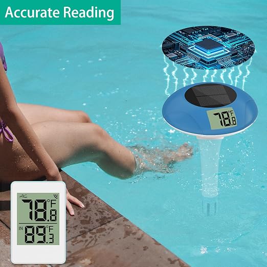 Wireless Pool Thermometer, Digital Floating Thermometer Easy Read IPX8 Waterproof Solar Temperature Gauge for Swimming Pool, Aquarium, Pond, 328 Feet Long Connection