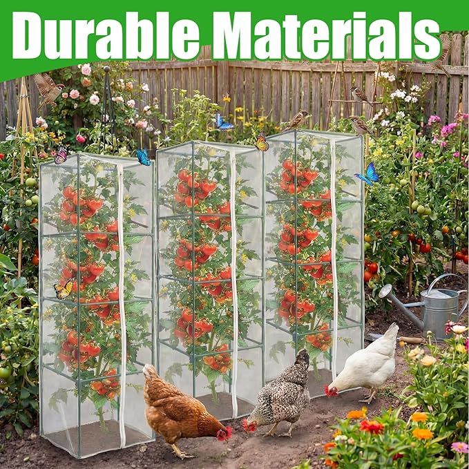 Qunclay 3 Pack Square Tomato Cages with 3 Pcs Garden Bird Netting Cover, 57 in Adjustable 4-Tier Tomato Plants Trellis, Drawstring Plant Protection for Vertical Climbing Plants Vegetables Fruits