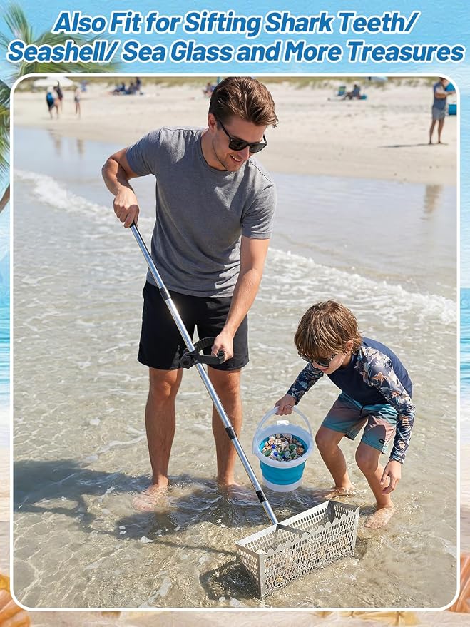 69in Effortless Sand Flea Rake - Stainless Steel Shark Tooth Sifter with Bucket, Sands Sifter Shelling Tools for Beach Metal Detecting Beachcombing