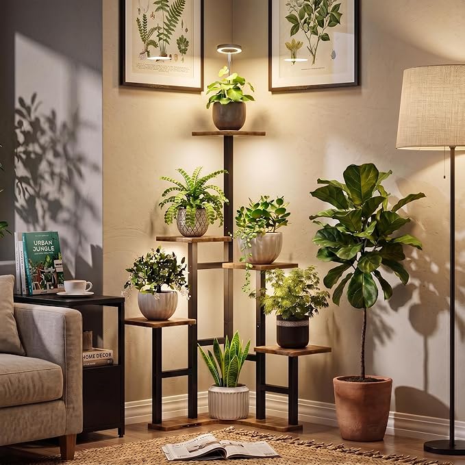 Plant Stand Indoor with Grow Lights, 6 Tiered Corner Plant Stands for Indoor Plants, Max Height: 43" Corner Shelf & Plant Shelf, Flower Display Holder, Corner Shelves for Living Room Gardening Warm Light Auto Timer 3H/9H/12H