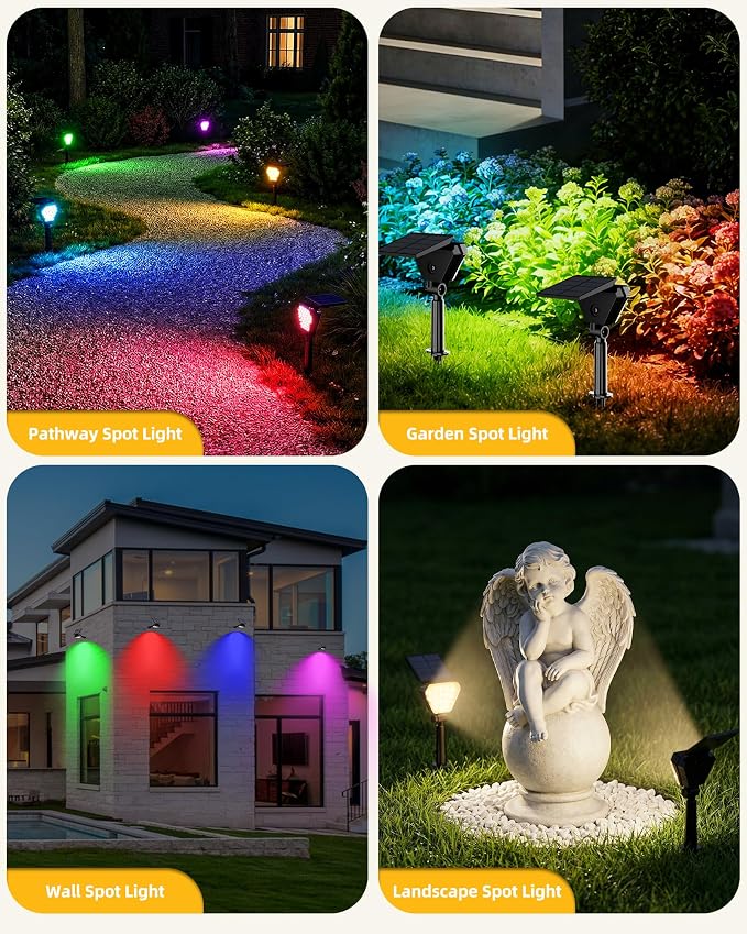 T-SUN Solar Lights Outdoor Waterproof IP65, 6Pack LED Solar Spot Lights Color Changing IP65 Waterproof Smart Auto On/Off for Outside Landscape Garden Yard Lawn Pathway Patio Driveway