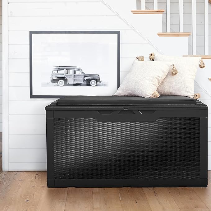 Flamaker Deck Box with Cushion 98 Gallon Waterproof Resin Storage Box with Air Rod Indoor Outdoor Lockable Storage Bench for Patio Furniture, Tools, Pool Accessories (Black)