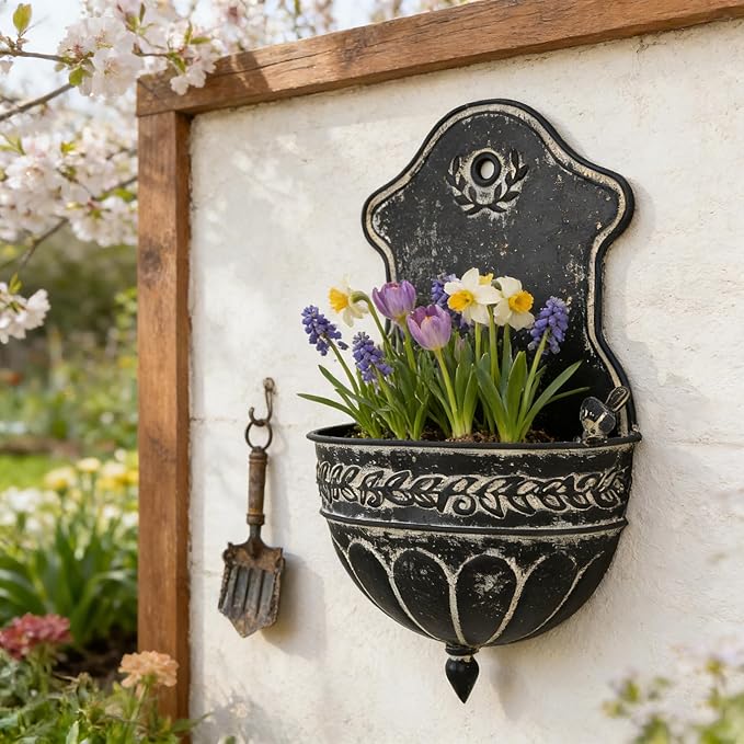Vintage Rustic Wall Planter Distressed Decor Iron Hanging Plant Basket Shabby Metal Wall Mounted Flower Holder Pot Stand for Indoor Outdoor Home Balcony Patio Farmhouse Garden Decorative Bird Black