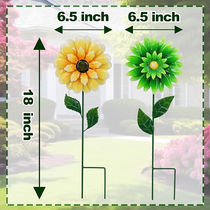 2 Pack Metal Flower Wind Spinner for Yard, 18in Outdoor Garden Stake with Retro Floral Design, Kinetic Patio Lawn Art, Weather Resistant Spring Decor