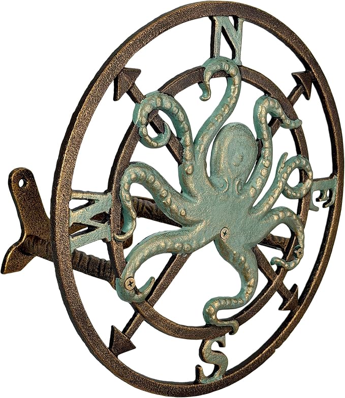 Zeckos 11.75 Inch Cast Iron Octopus Compass Rose Garden Hose Holder, Bronze Verde Patina Nautical Outdoor Wall Mounted Decorative Hose Hanger for Yard, Garden, Patio or Beach House