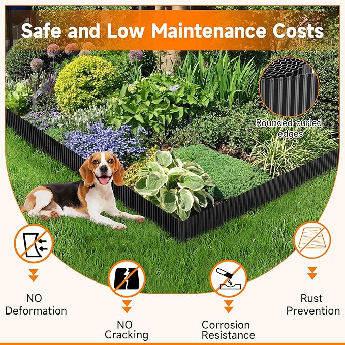 Corrugated Garden Edging,12"×20Ft Galvanized Steel Landscape Edging & Lawn Edging Border,Metal Garden Border for Flower Beds,Garden,Lawn,Raised Beds & Tree Surrounds(Black)