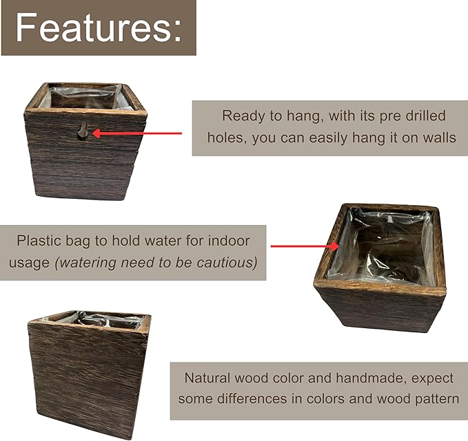 LaLaGreen Wood Planter Box for Plants (4x4 Inch, 2 Pack) Small Square Wall Planters for Indoor Plant, Window Hanging Flower Pot Wooden Boxes for Table Centerpiece Herb Balcony Home Garden Office Decor
