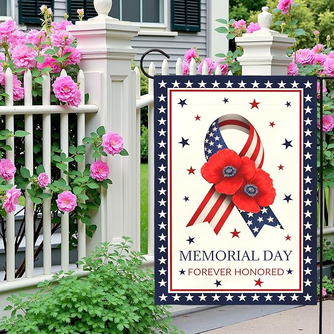 Memorial Day Garden Flag Forever Honored Patriotic Outdoor Yard American Flags Ribbon Poppy Honor Fallen Soldiers Military Remembrance House Banner Porch Patriotic Home Decor 12x18 Inch